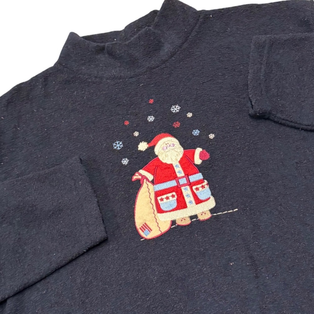 CJ Banks‎ Women's 1X Navy Blue Mock Neck Long Sleeve Embroidered Santa Fleece
